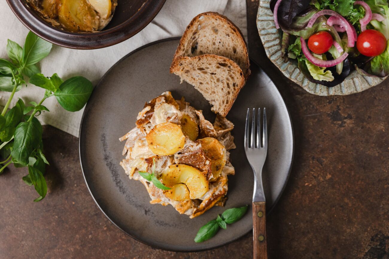 Seitan kebab and potato casserole